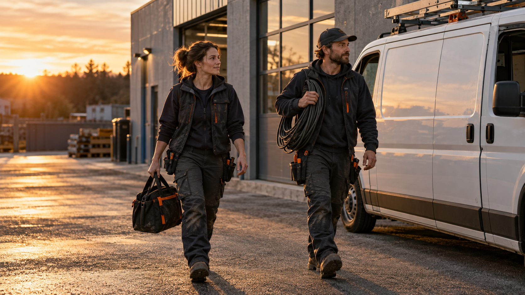 Illustrative image of two tradespeople heading back to their service van
