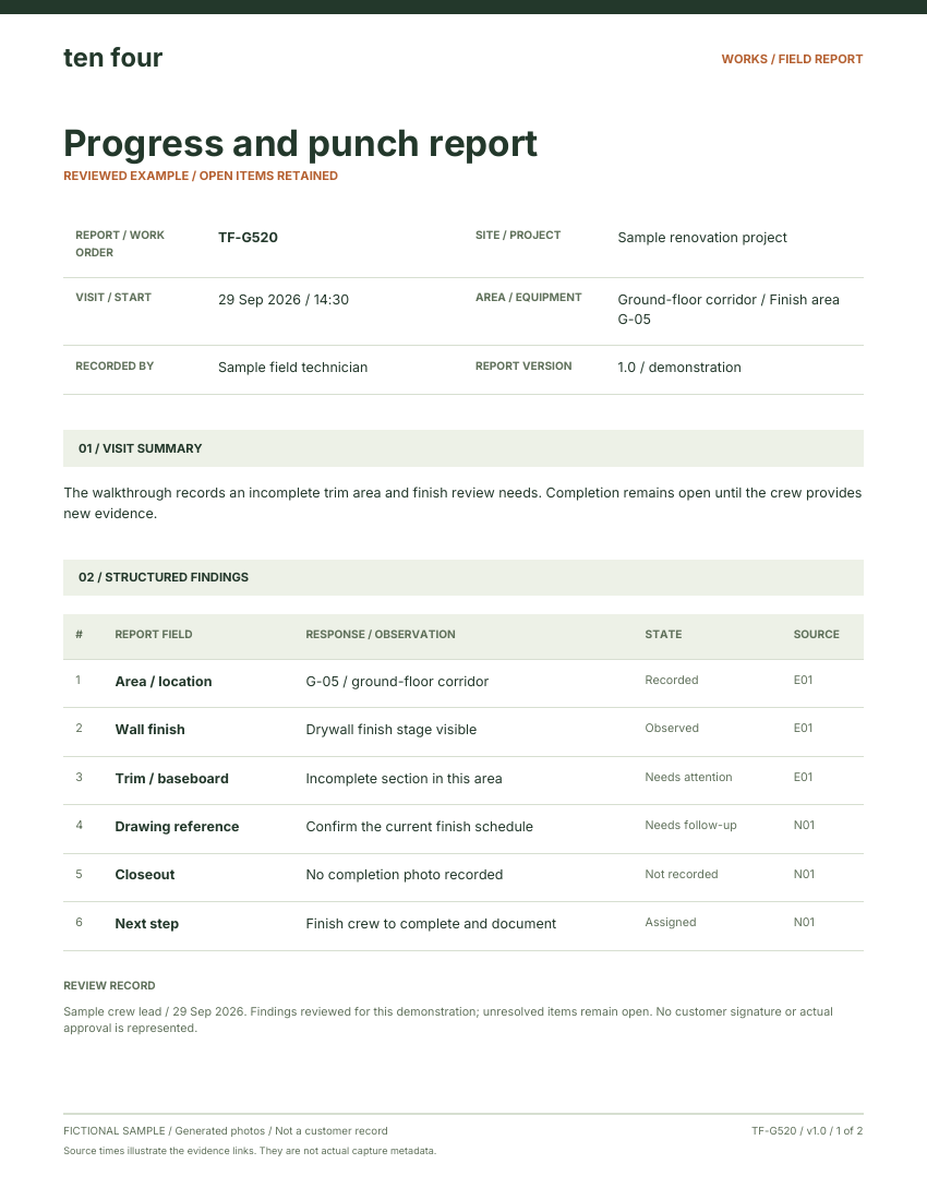 First page of the fictional Progress and punch report, with job details, findings and follow-up actions