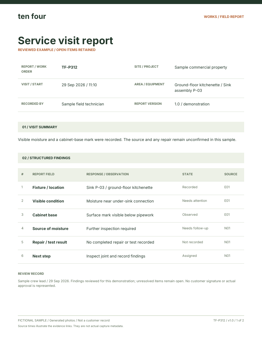 First page of the fictional Service visit report, with job details, findings and follow-up actions