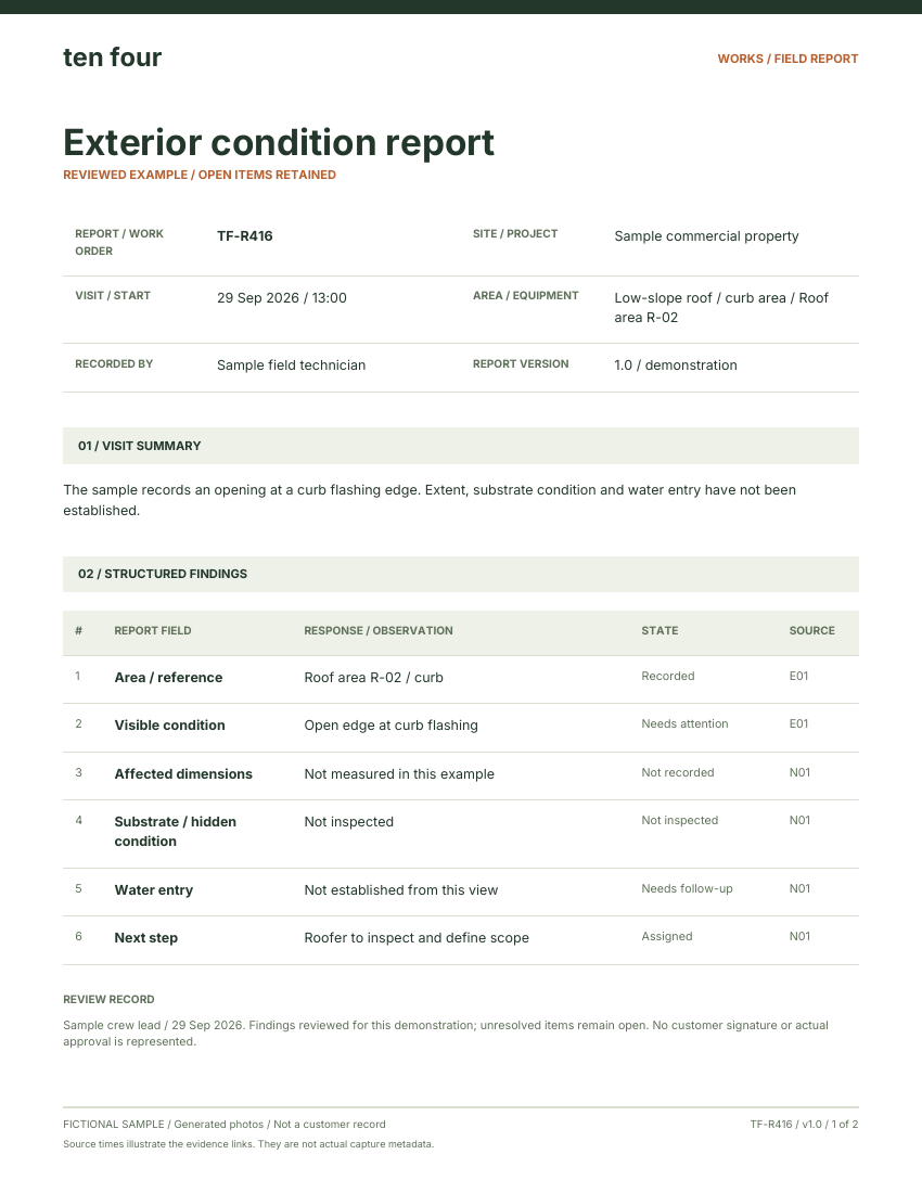 First page of the fictional Exterior condition report, with job details, findings and follow-up actions